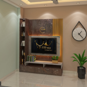 Modern wooden TV unit with a clean, minimalist design featuring open shelves