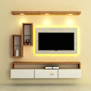 Simple stylist hanging TV unit in plywood finish