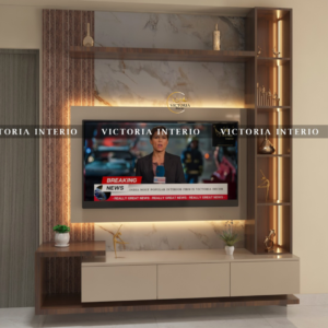 Stylish open space TV unit with louvers in plywood finish