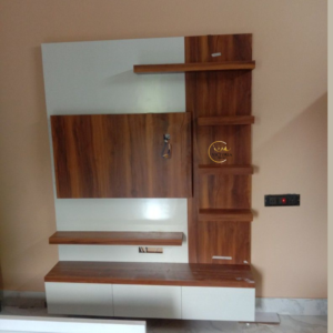 Simple floating TV unit with open space in plywood finish