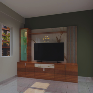 Simple modern TV unit in plywood finish with storage