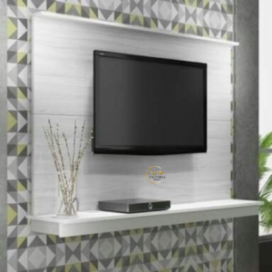 Minimal wall mounted TV unit with floating shelf in plywood finish