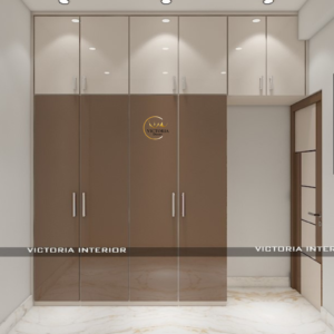 A sleek 4 door wardrobe with upper cabinet with plywood finish